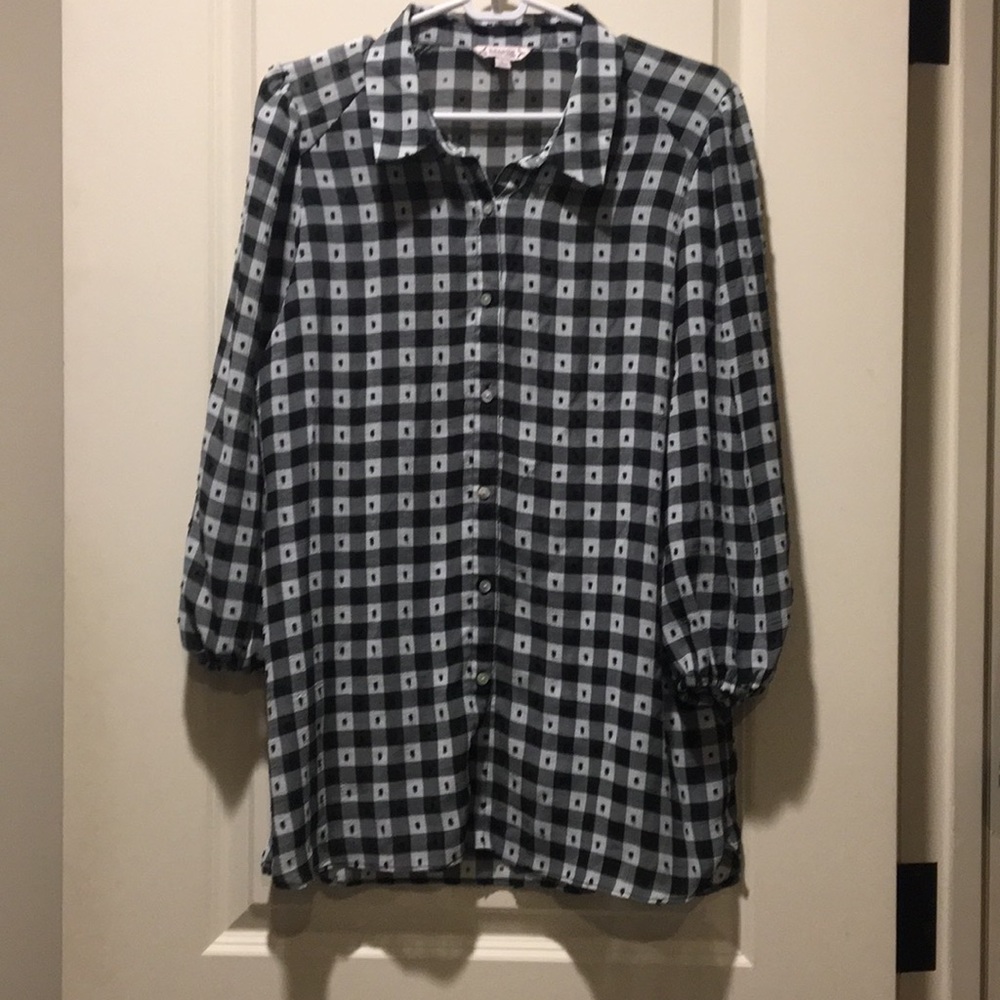 Nanette Lepore button down checkered plaid semi sheer blouse top shirt size L